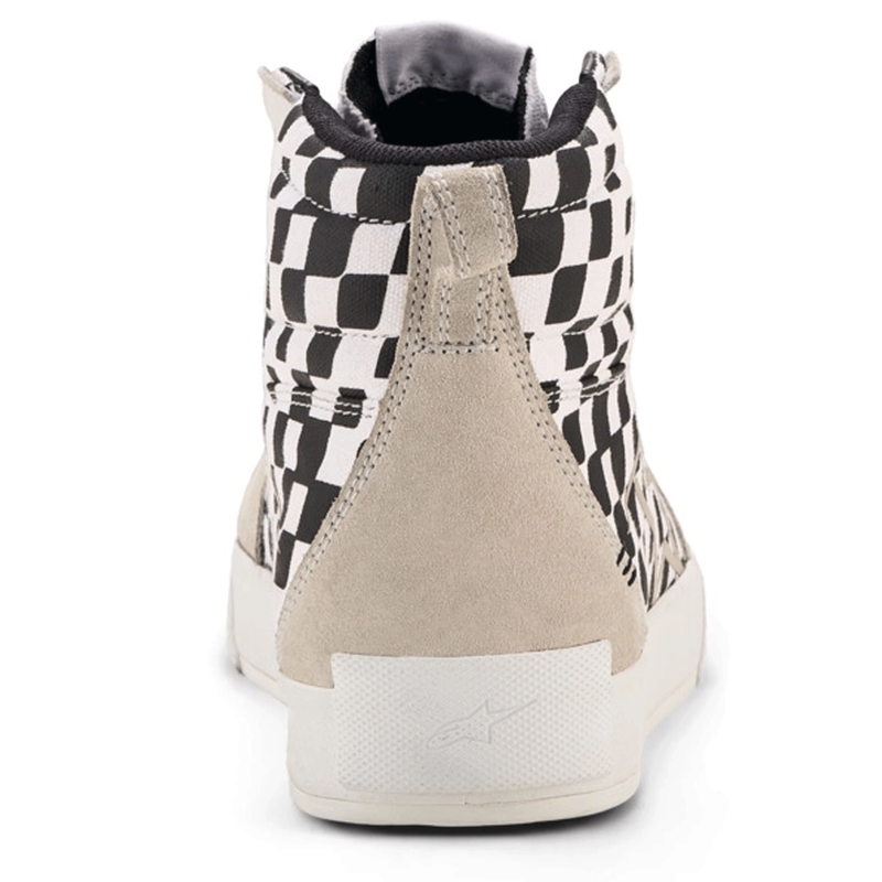 Stivali da moto Alpinestars Ride-63 in tela, neri, beige e bianchi.