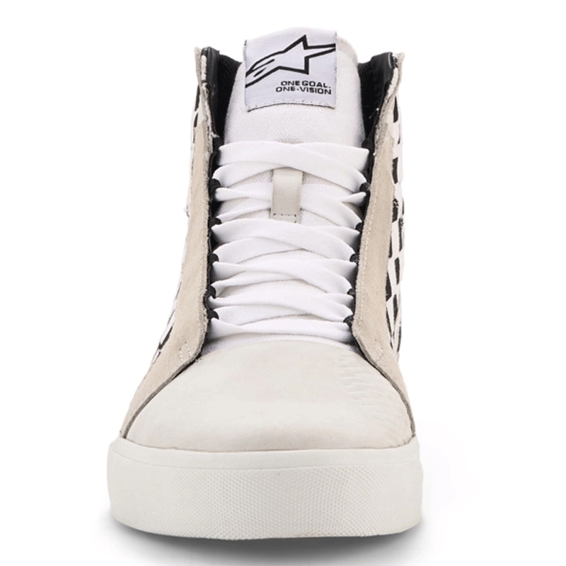 Stivali da moto Alpinestars Ride-63 in tela, neri, beige e bianchi.