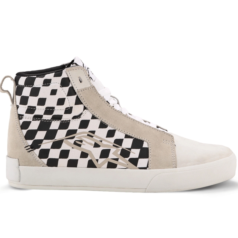 Stivali da moto Alpinestars Ride-63 in tela, neri, beige e bianchi.