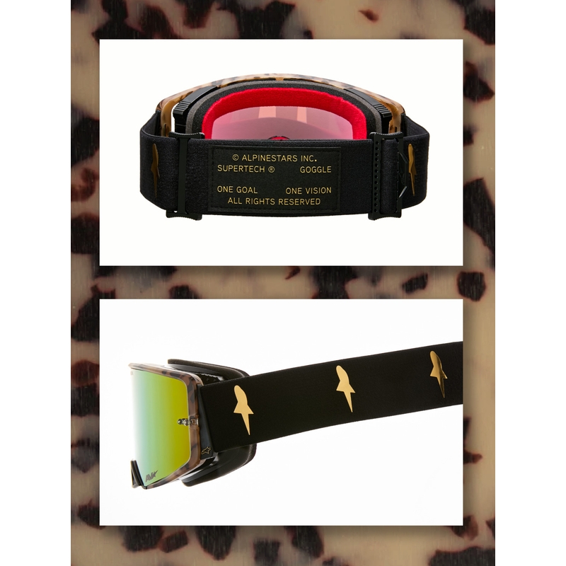 Occhiali da motocross Alpinestars Supertech Zona edizione limitata, neri e marroni con plexiglass a specchio color oro.