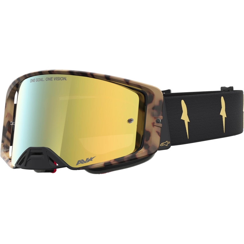 Occhiali da motocross Alpinestars Supertech Zona edizione limitata, neri e marroni con plexiglass a specchio color oro.