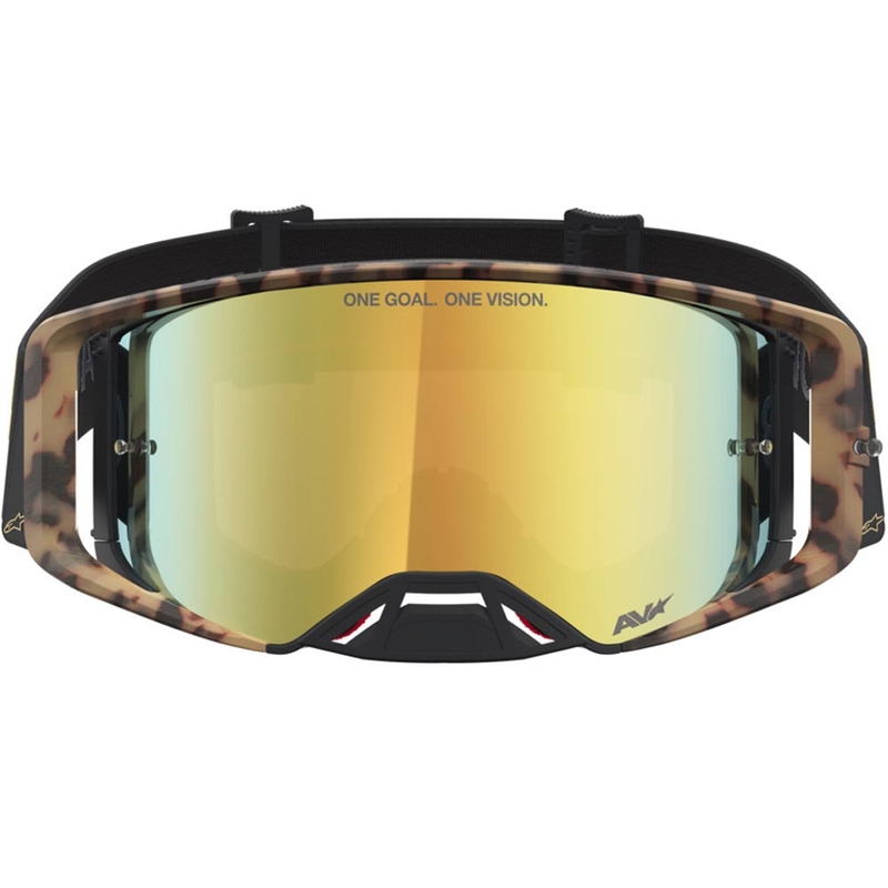 Occhiali da motocross Alpinestars Supertech Zona edizione limitata, neri e marroni con plexiglass a specchio color oro.