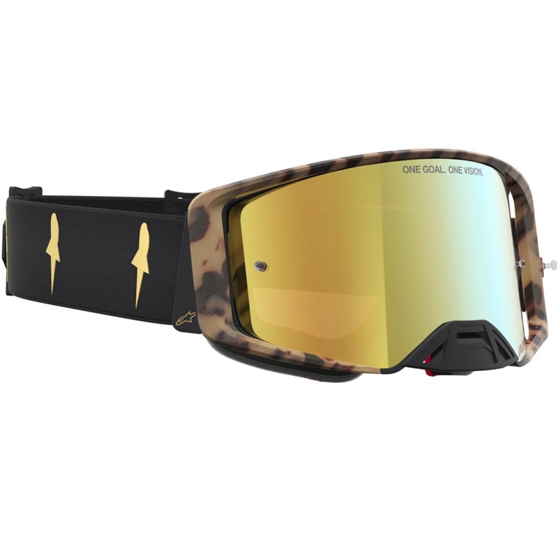 Occhiali da motocross Alpinestars Supertech Zona edizione limitata, neri e marroni con plexiglass a specchio color oro.