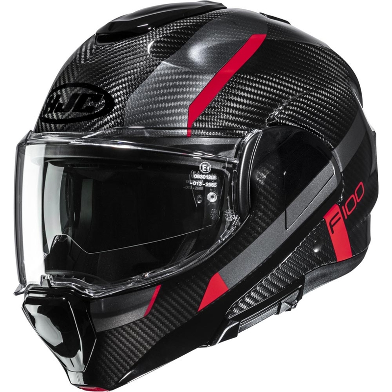 Casco da moto modulare HJC F100 Carbon Askan MC1 nero-rosso
