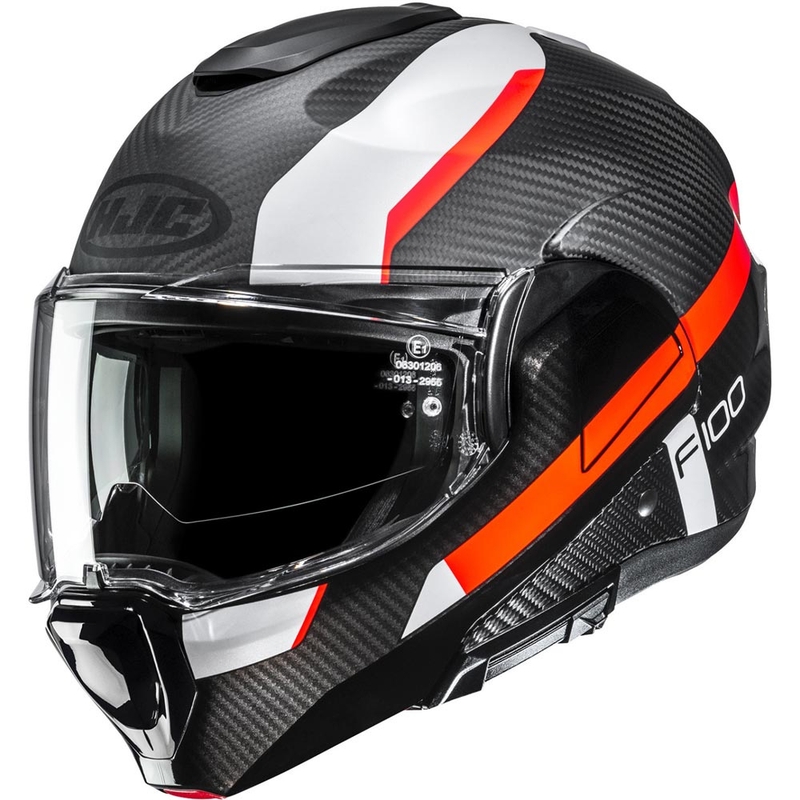 Casco da moto apribile HJC F100 Carbon Askan MC6HSF nero-arancione-bianco-rosso