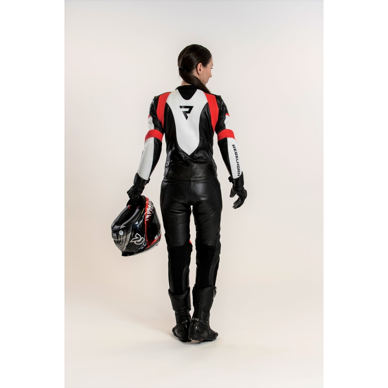 Tuta da motociclista Rebelhorn Donna Nero-Bianco-Rosso Fluo Saldi