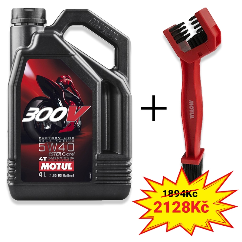 Sada olej 300V 4T FL Road Racing 5W40 4L+ kartáč na čištění řetězu Motul